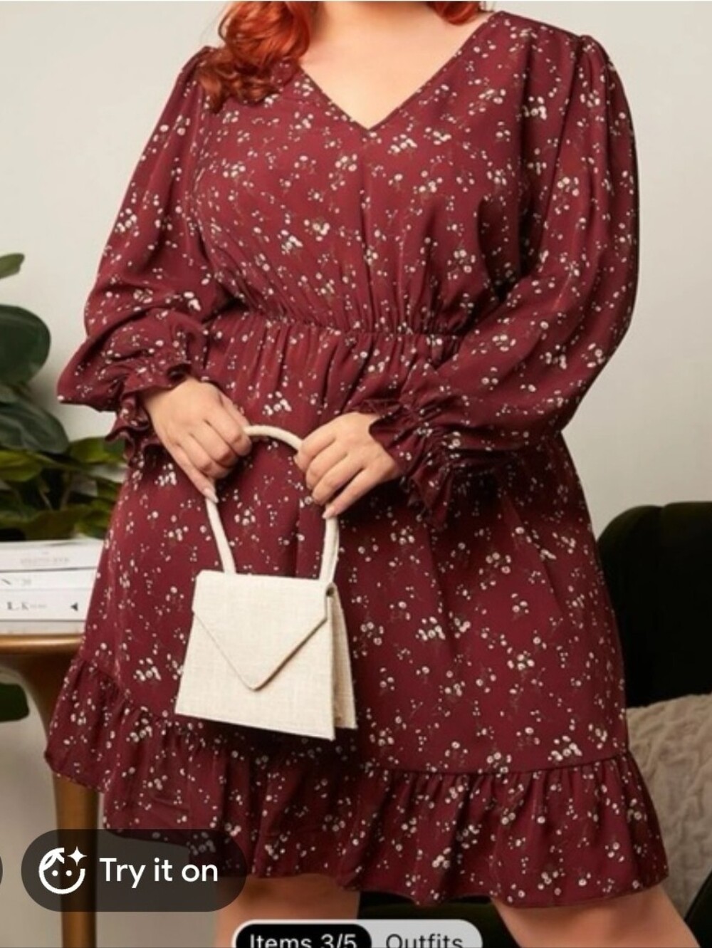 Shein Womens Midi Cranberry Floral Long Sleeve V-Neck Dress